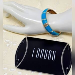 LANDAU Gold Clear Rhinestone and Blue Hinged Bangle Bracelet